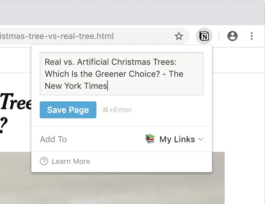 Captura de tela do Web Clipper salvando uma página no Notion