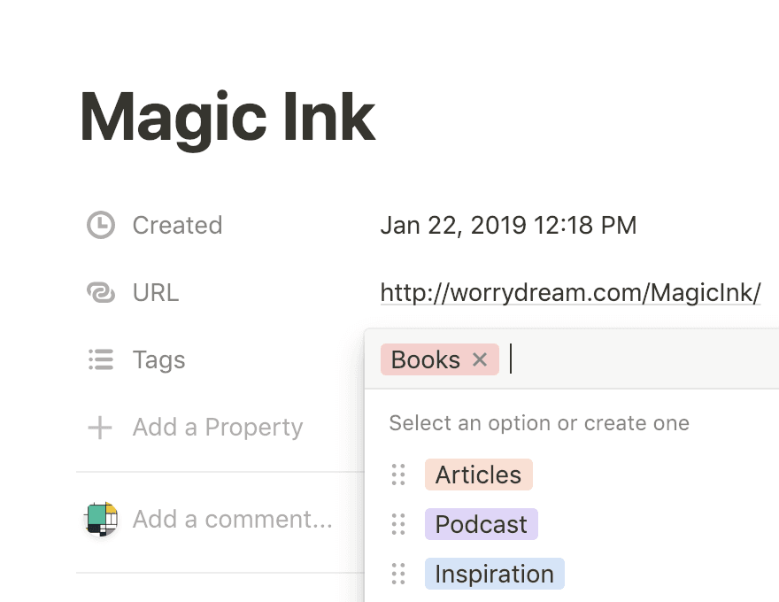Captura de tela de um menu pop-up mostrando tags em uma base de dados do Notion