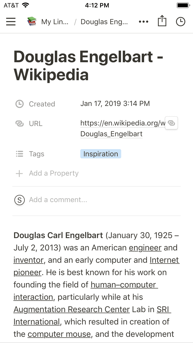 Captura de tela de um link compartilhado para um documento do Notion com propriedades