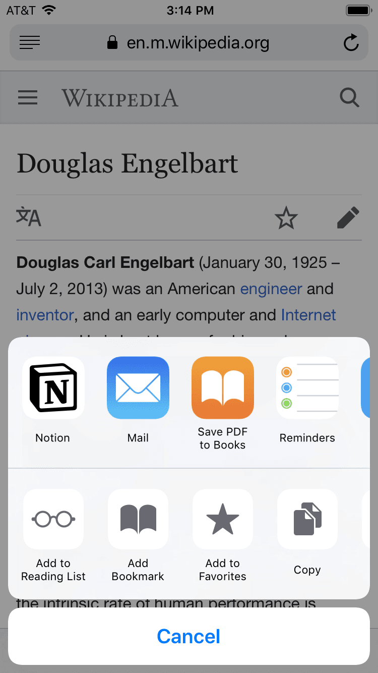 Captura de tela de uma planilha de compartilhamento do iOS mostrando o Notion entre outros aplicativos para salvar um link