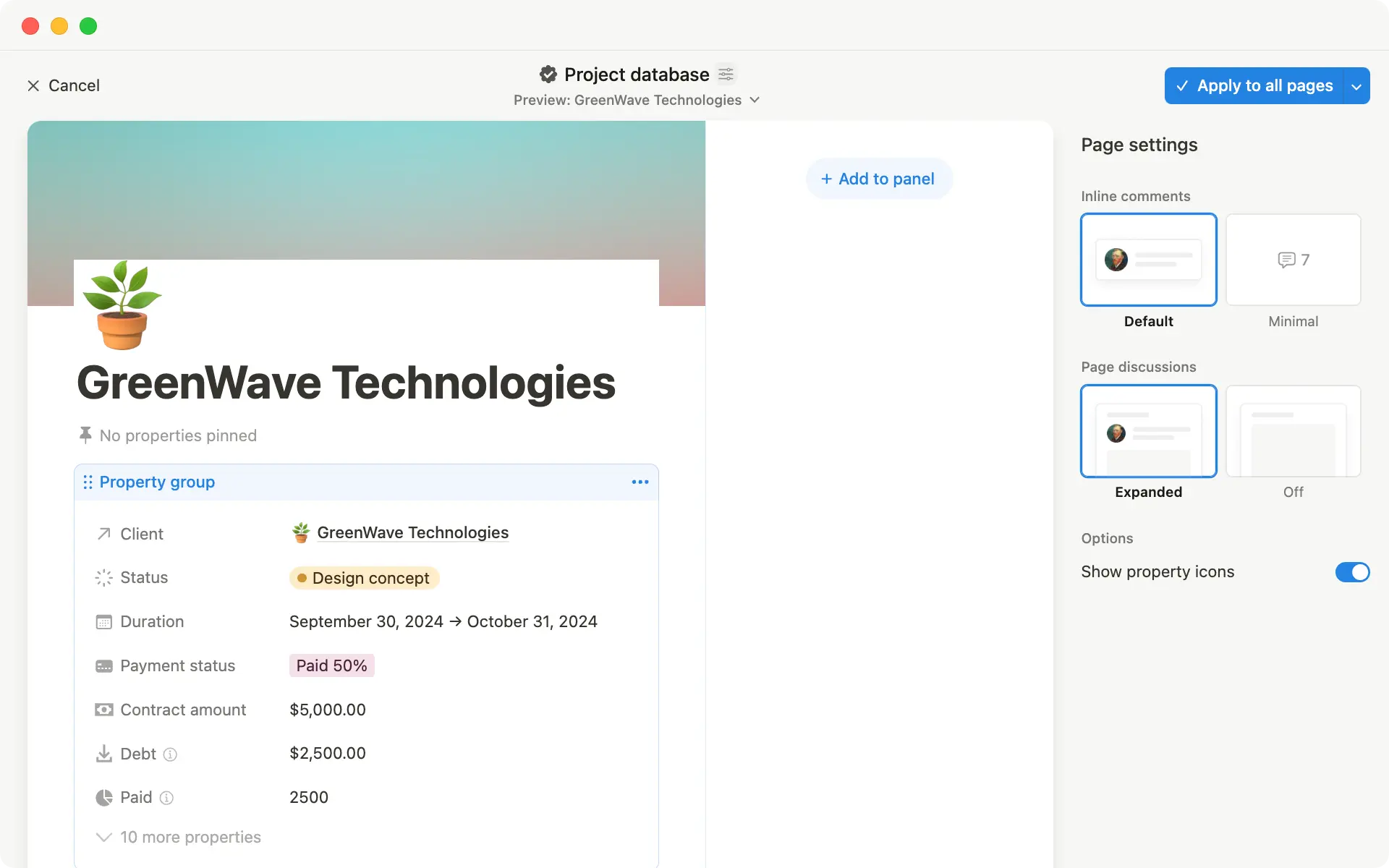 O criador de layouts permite que você personalize tudo na página da base de dados — desde fixar propriedades até criar um novo painel lateral.