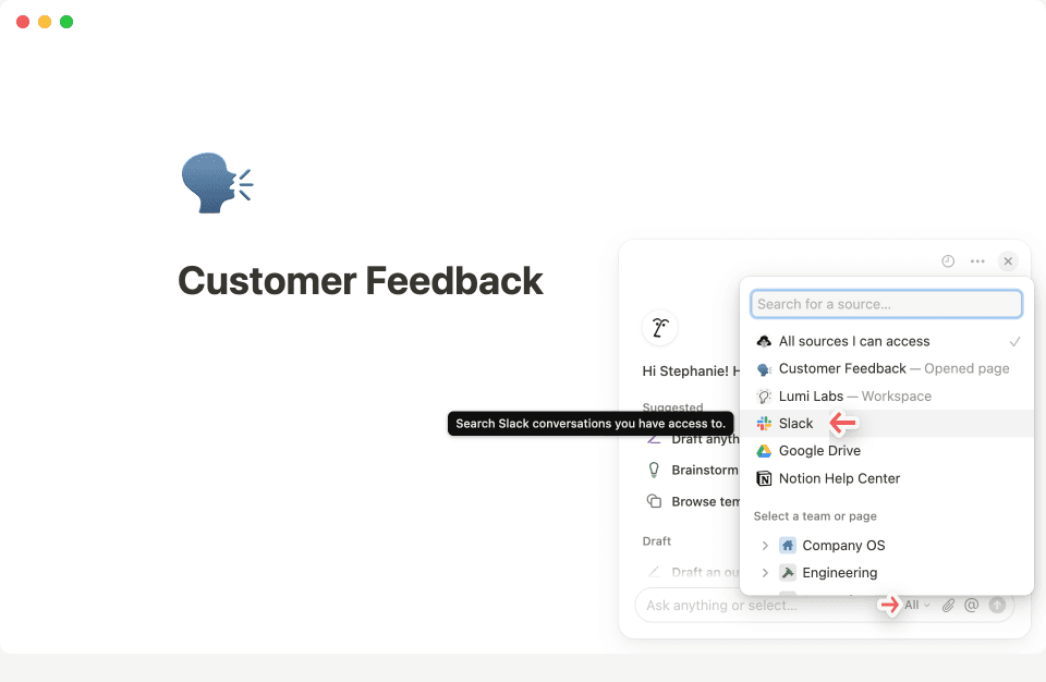 cliquez sur le menu à trois points --- dans le coin supérieur droit du chat de Notion AI pour vous connecter à Slack.