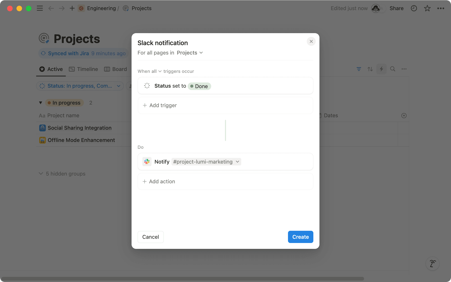Escolha um canal do Slack para receber notificações quando os projetos forem concluídos.