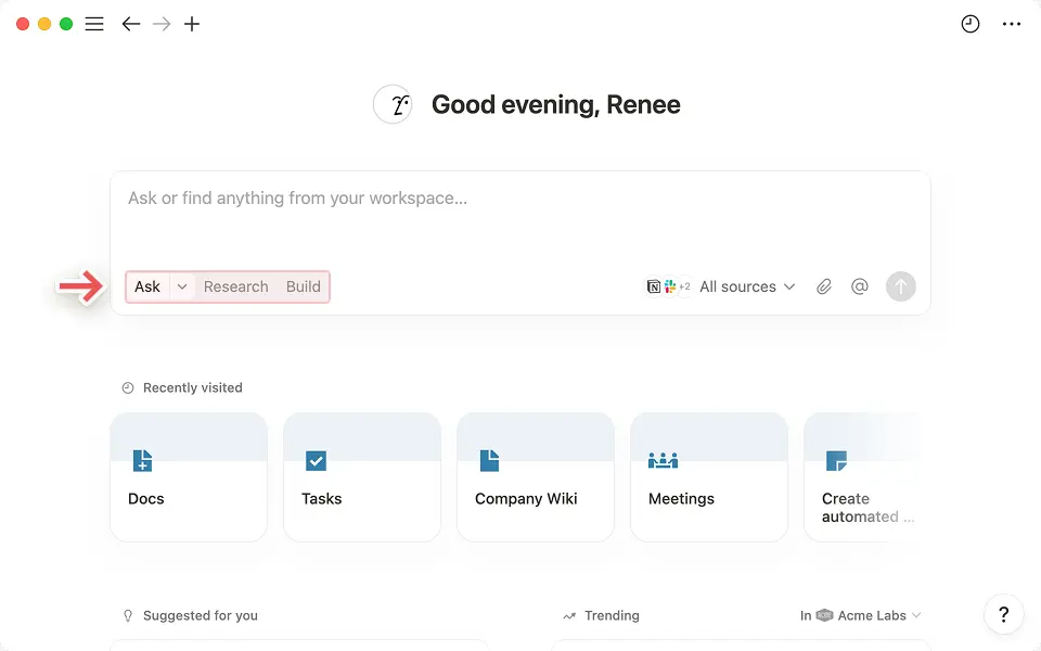 Dependendo das suas necessidades, você pode pedir à IA do Notion para encontrar respostas, pesquisar tópicos e gerar relatórios ou criar uma base de dados para você.