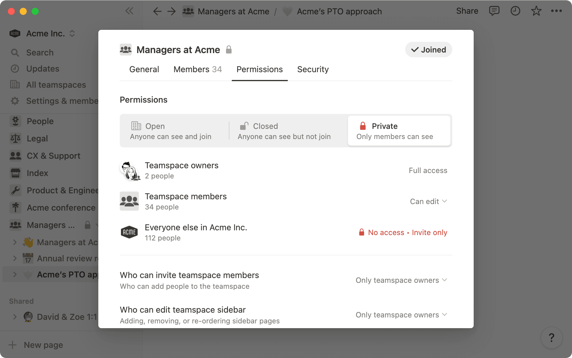 Créez des paramètres d’autorisation personnalisés en fonction de vos besoins : toutes les pages de votre espace d’équipe hériteront de ces paramètres.