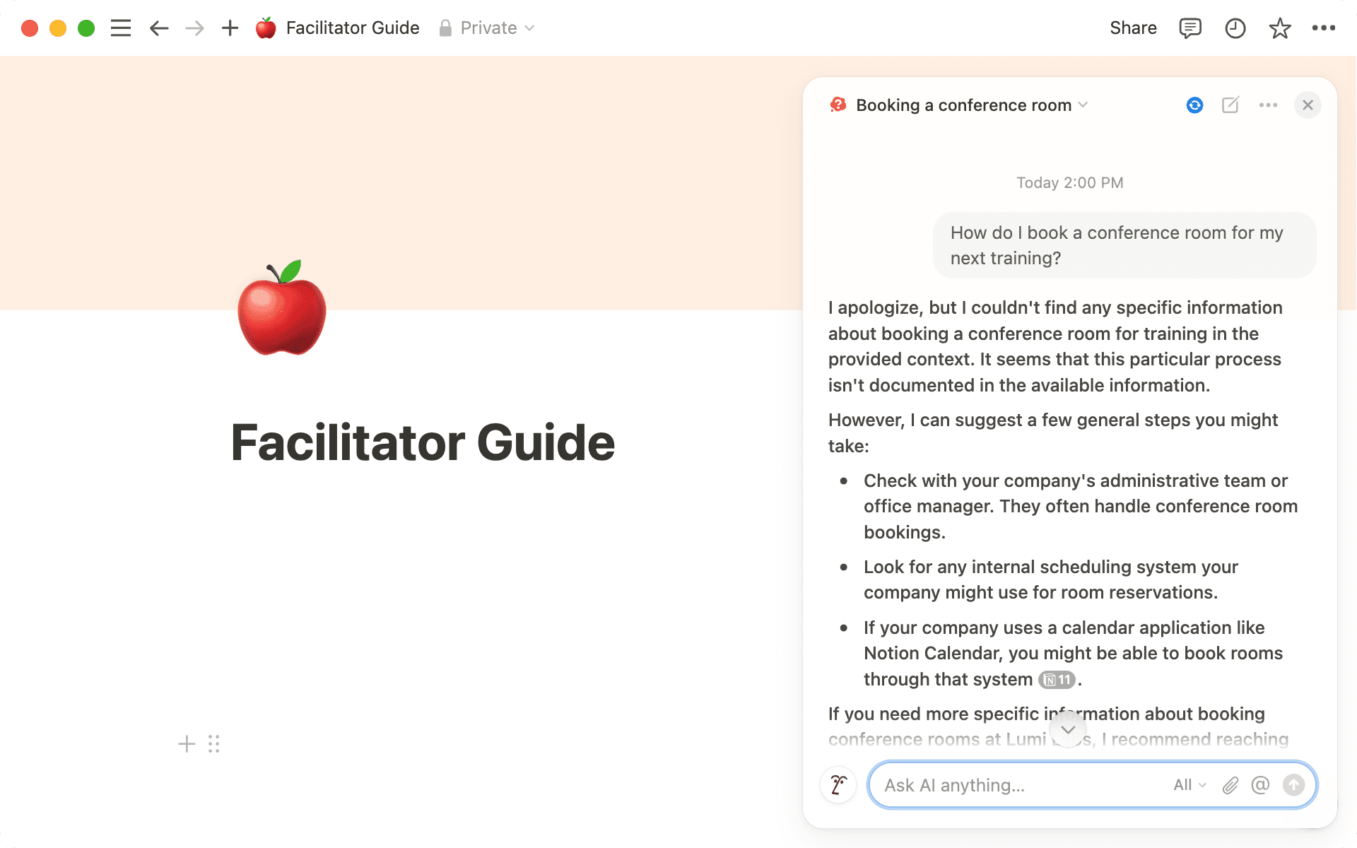 Si Notion AI ne peut pas répondre à votre question, elle vous en informera et vous proposera des pistes de réflexion basées sur ses connaissances générales.