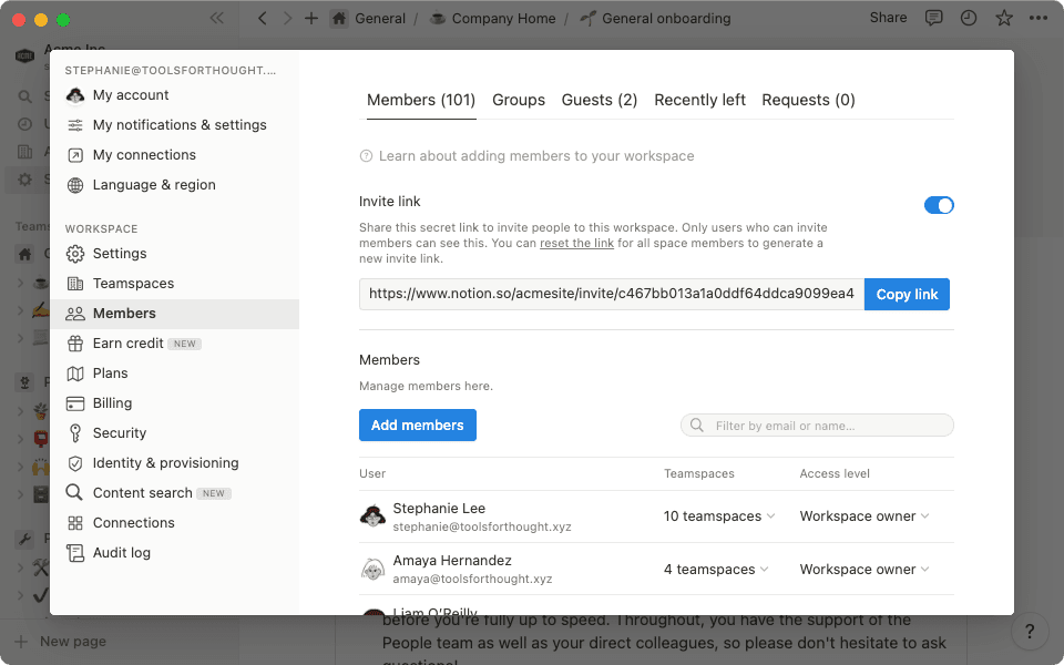 O painel Configurações e membros dá acesso a configurações detalhadas do espaço de trabalho para personalizar o Notion de acordo com as suas necessidades.