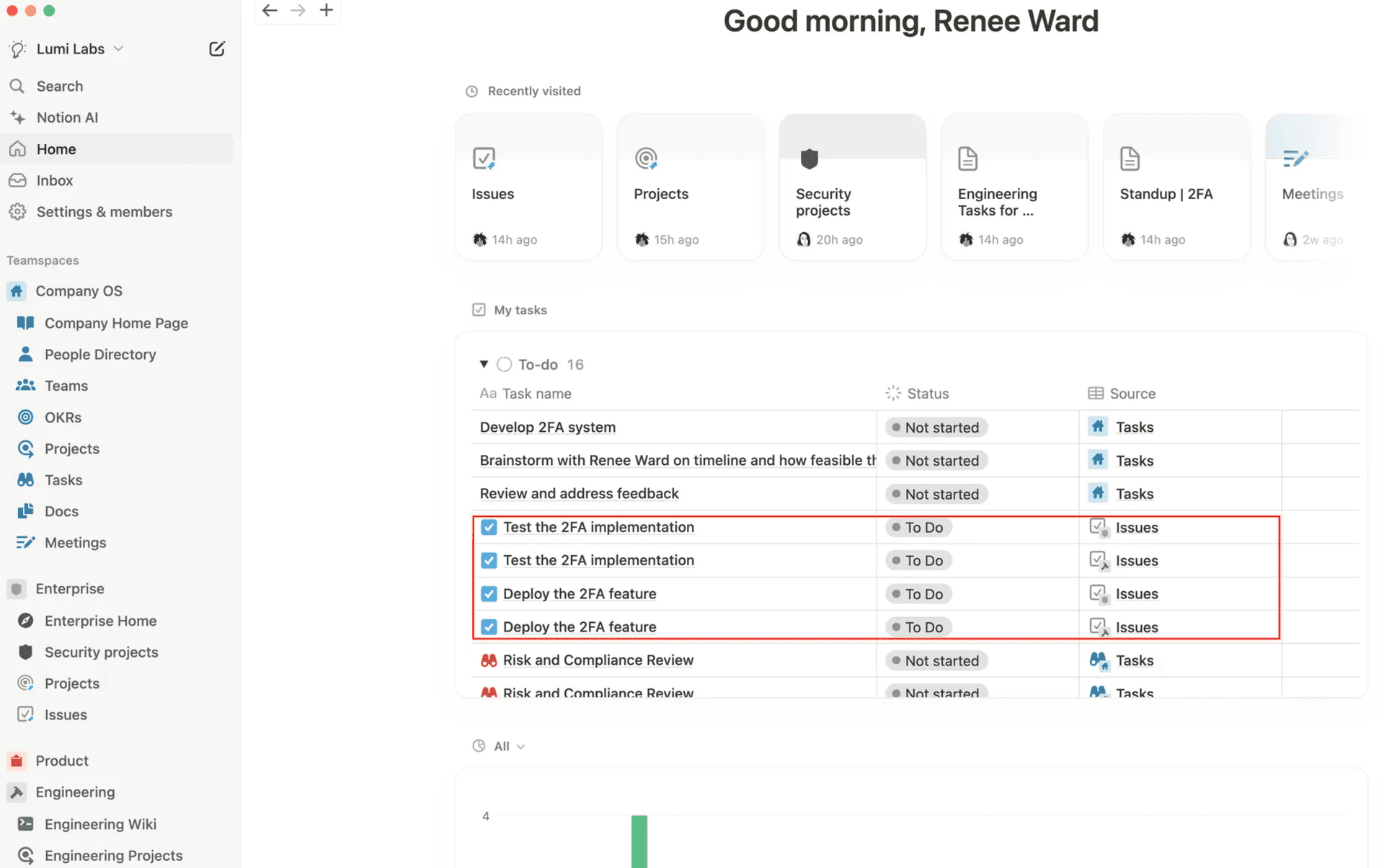 Encontre os problemas sincronizados do Jira atribuídos a você em Minhas tarefas em sua página inicial do Notion