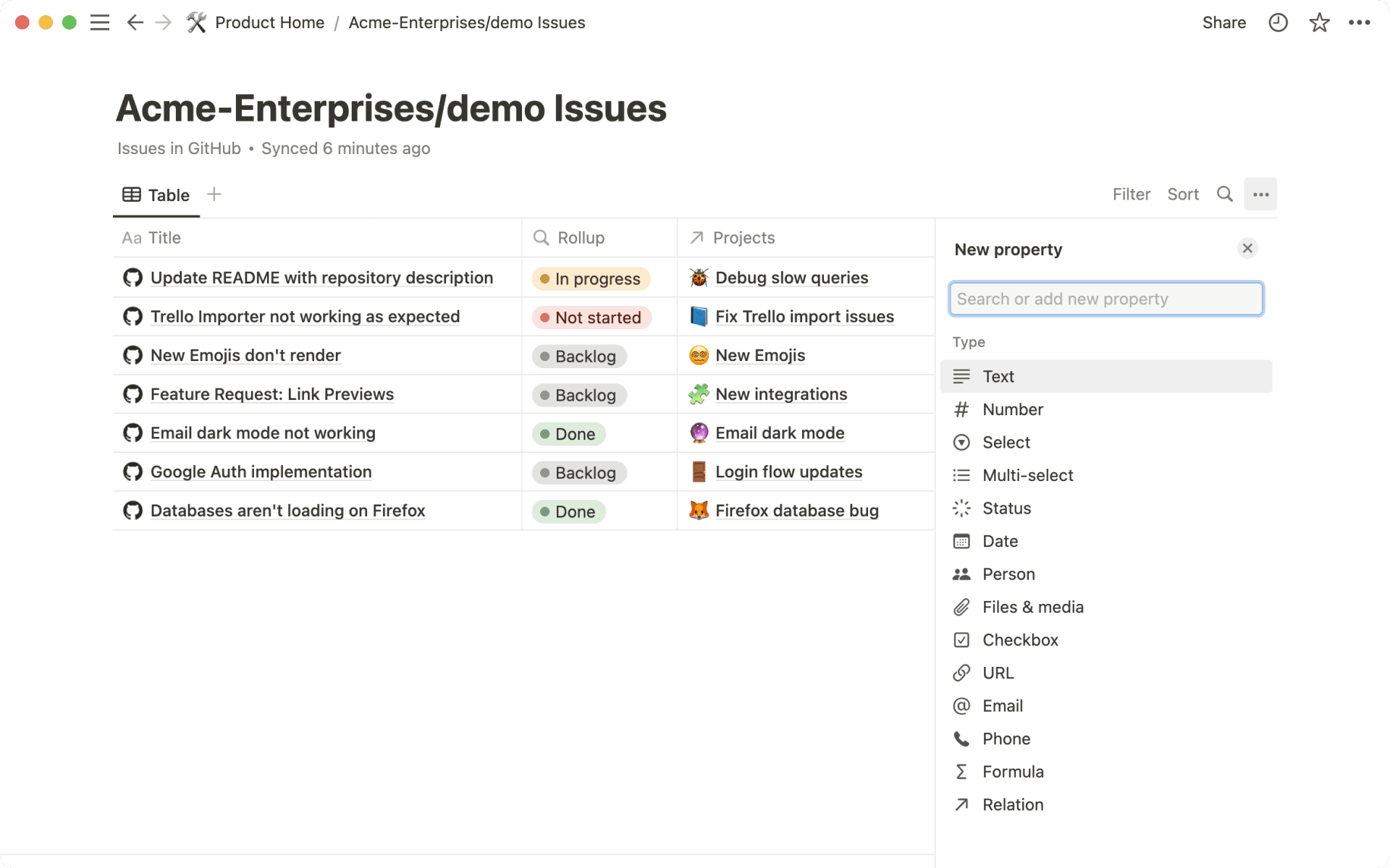 nouvelle propriété de base de données synchronisée