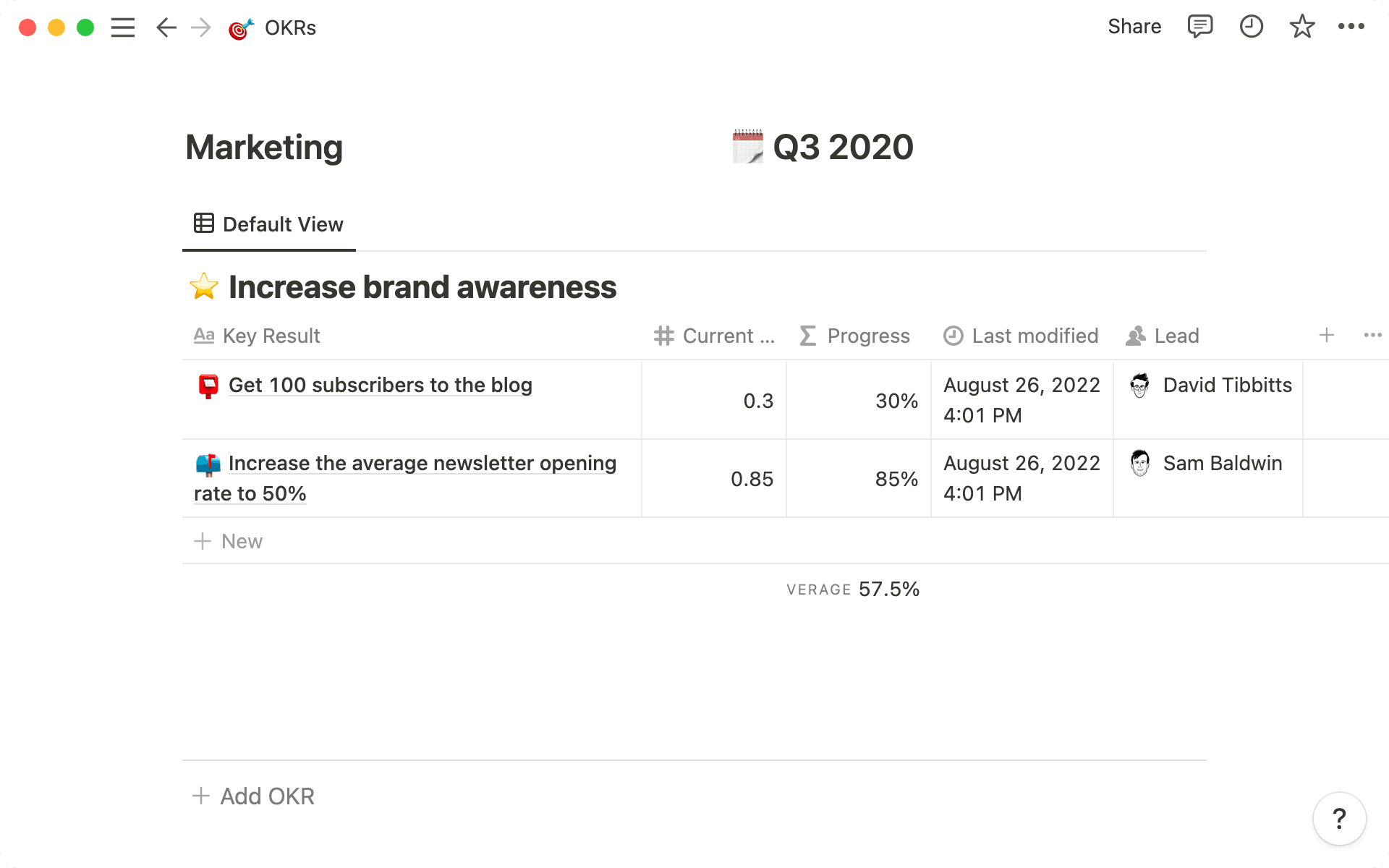 Marketing OKRs in their own table.