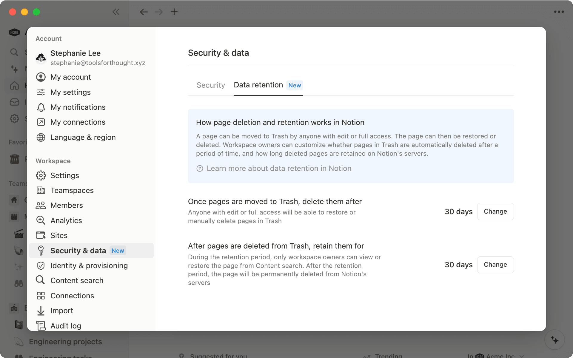 Os proprietários do espaço de trabalho corporativo têm controle sobre quando as páginas dos usuários são excluídas da Lixeira e por quanto tempo podem ser mantidas após a exclusão