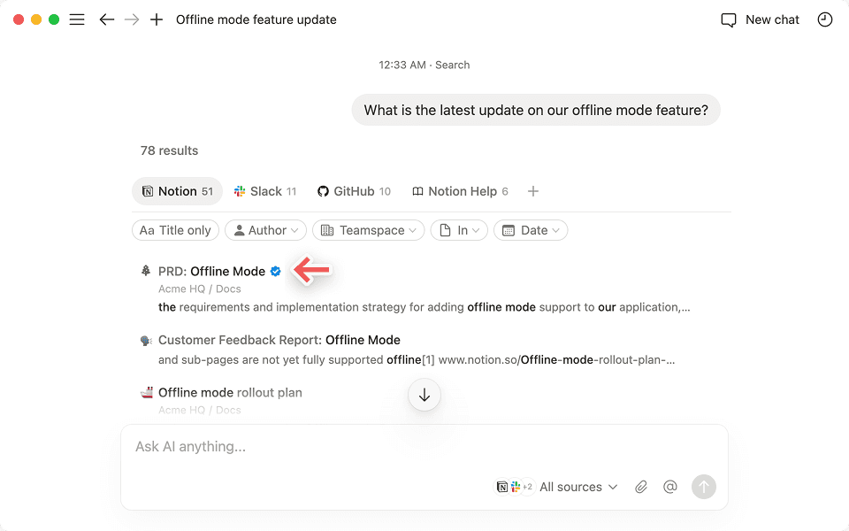 Você verá uma marca de seleção azul ao lado do conteúdo que o Notion marcou como “verificado”.
