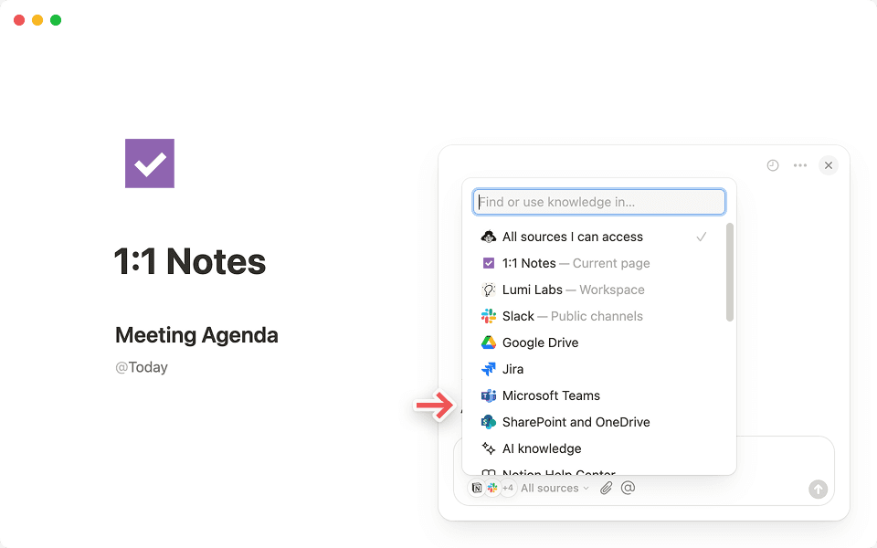 Sélectionnez l’option + Connecter des applications dans l’onglet « Toutes les sources » de votre chat avec l’IA de Notion pour commencer.
