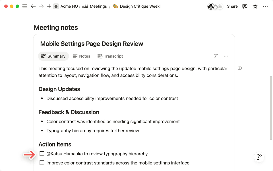 A IA do Notion marca automaticamente as pessoas certas na guia de resumo quando você as marca nas suas anotações.