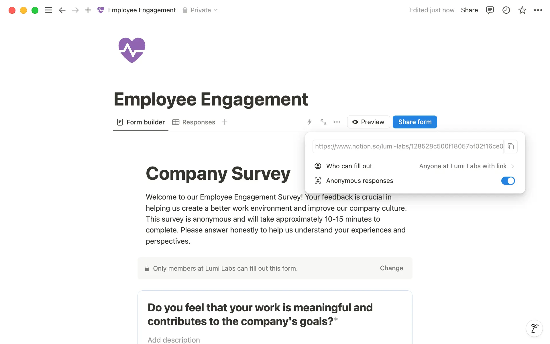 Activez l’option « Réponses anonymes » lorsque vous sélectionnez « Partager le formulaire ».
