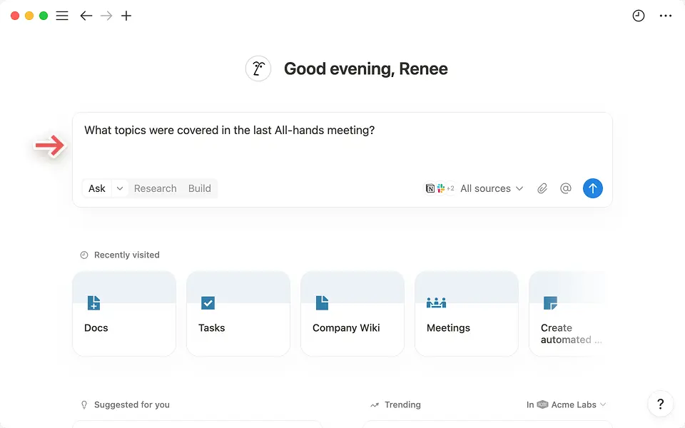 Você encontrará a barra de pesquisa bem no meio da sua página inicial do Notion.