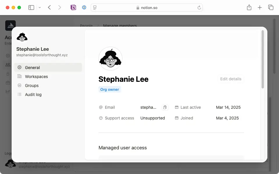 Acesse as configurações individuais dos membros para verificar se alguém é proprietário da organização.