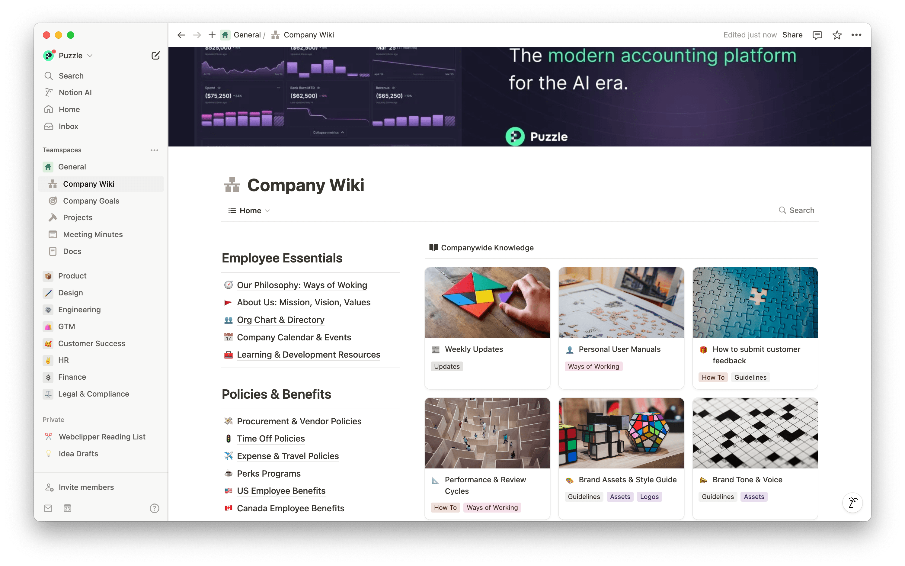 A fonte central da Puzzle para todo o conhecimento da empresa. Fácil de atualizar, rápida de encontrar e perfeitamente conectada a todo o nosso trabalho.