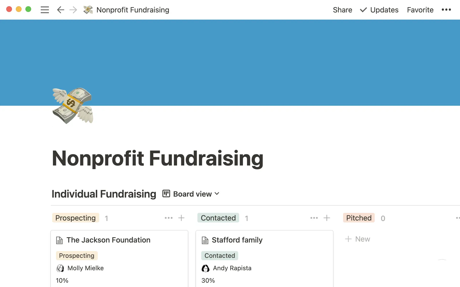 Vue tableau kanban d’une organisation à but non lucratif qui s’efforce de lever des fonds montrant les différentes étapes d’une collecte de fonds, notamment la prospection, la prise de contact et la présentation.