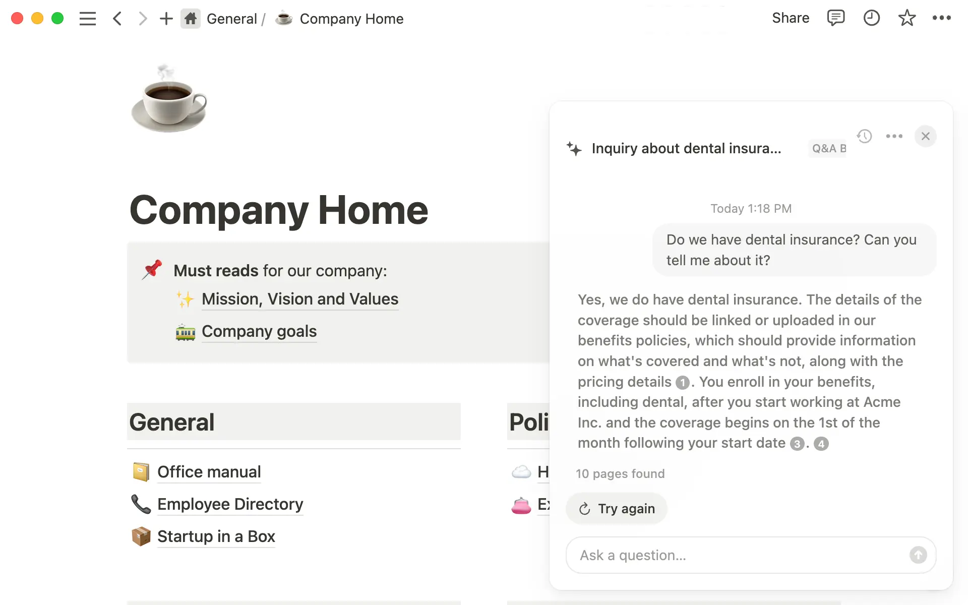 Os funcionários podem fazer perguntas formuladas naturalmente e encontrar qualquer página onde as informações úteis sejam mencionadas.