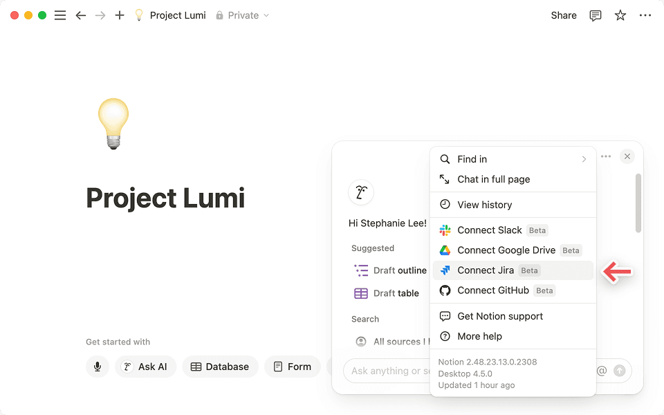Pour connecter JIRA, cliquez sur le menu à trois points en haut à droite de la fenêtre de discussion de l’IA de Notion.
