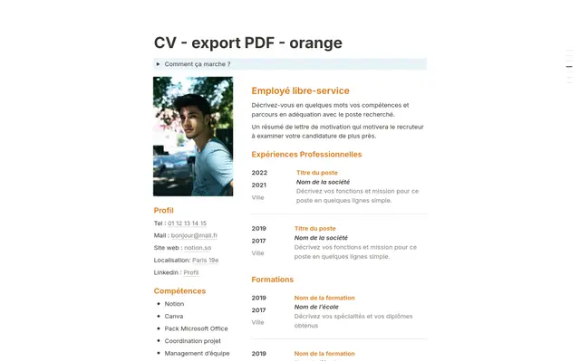 CV simple pour export PDF - orange